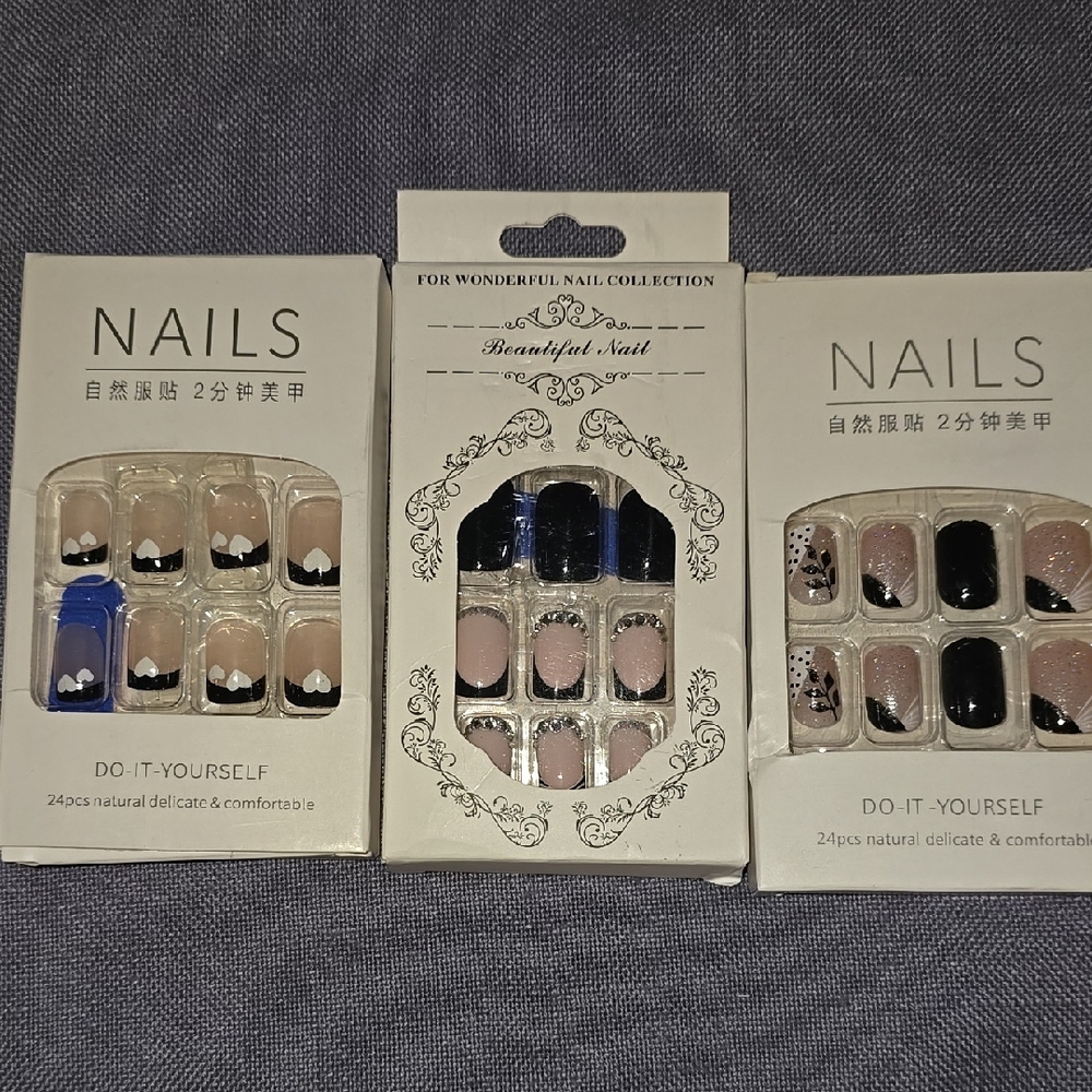 3 Beautiful Nail Collection - Black and Pink Nail Sets